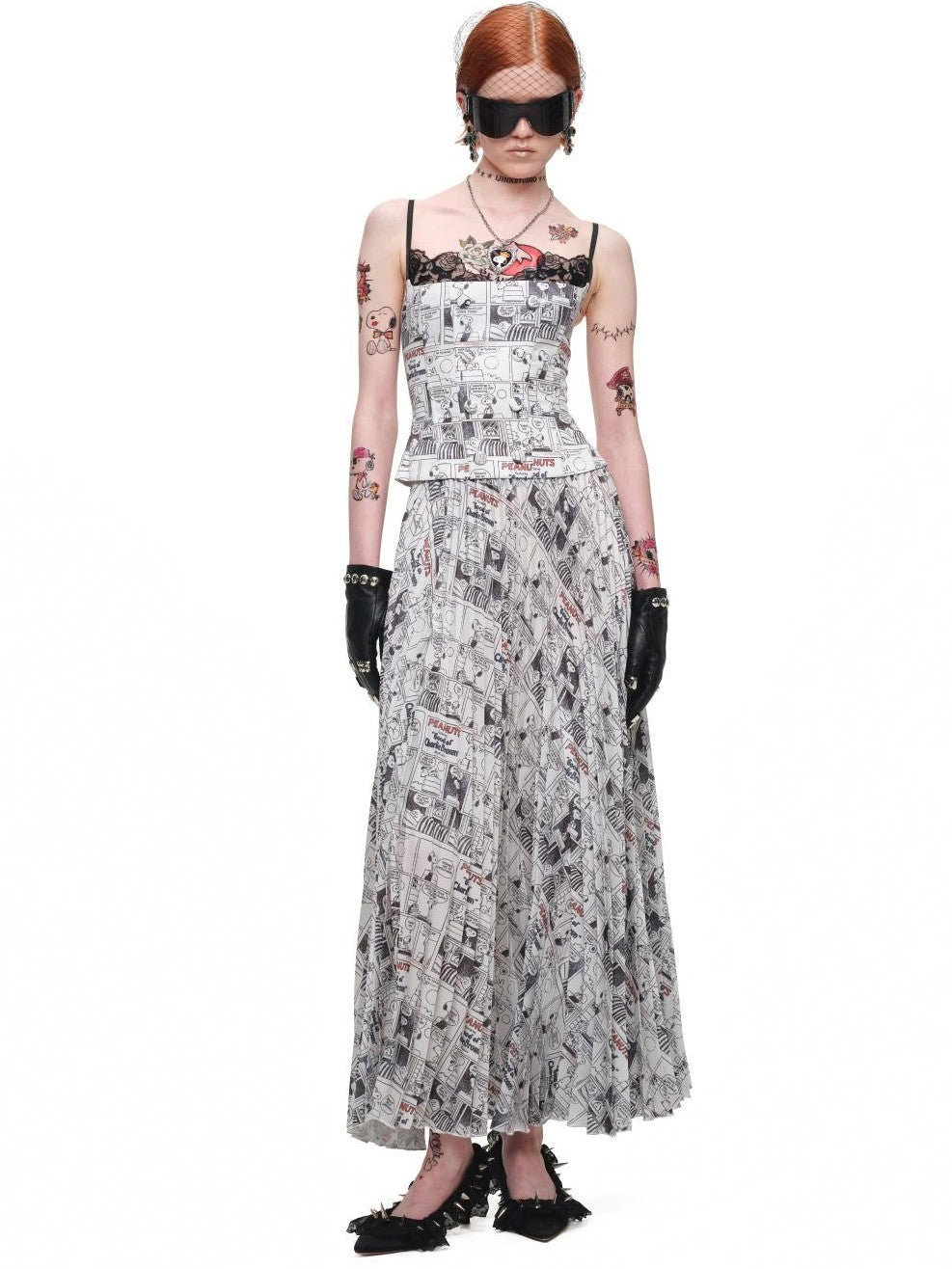 1JINN STUDIO Vintage Newspaper Print Pleated Slit A Line Women&