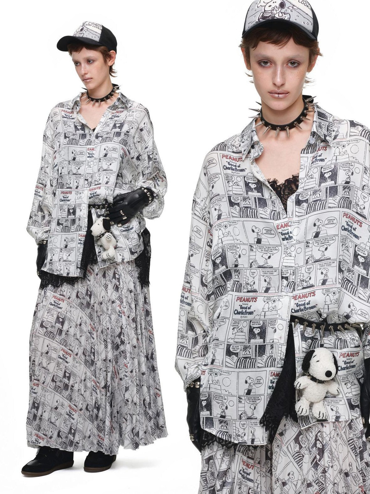 1JINN STUDIO Vintage Newspaper Print Pleated Slit A Line Women&
