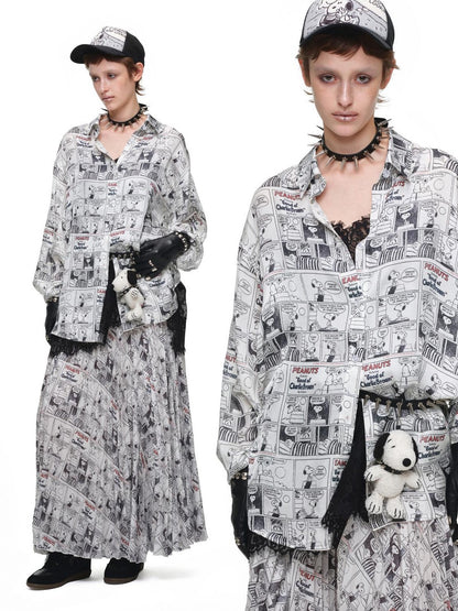 1JINN STUDIO Vintage Newspaper Print Pleated Slit A Line Women&