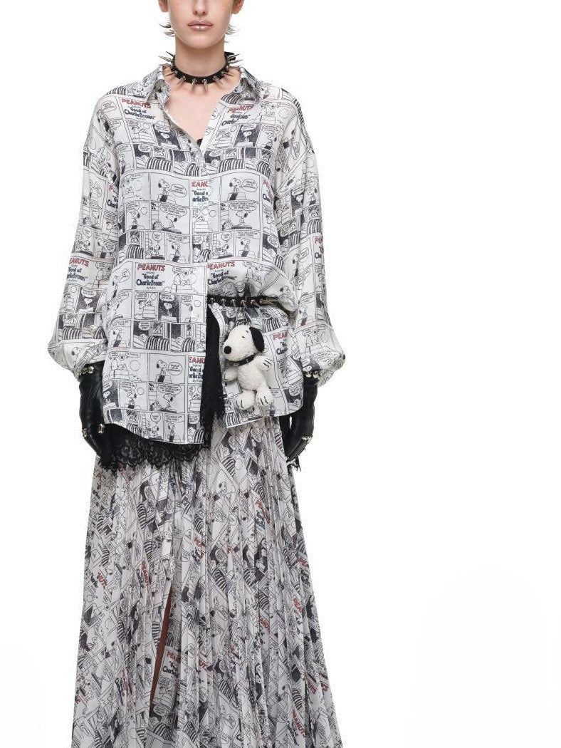 1JINN STUDIO Vintage Newspaper Print Pleated Slit A Line Women&