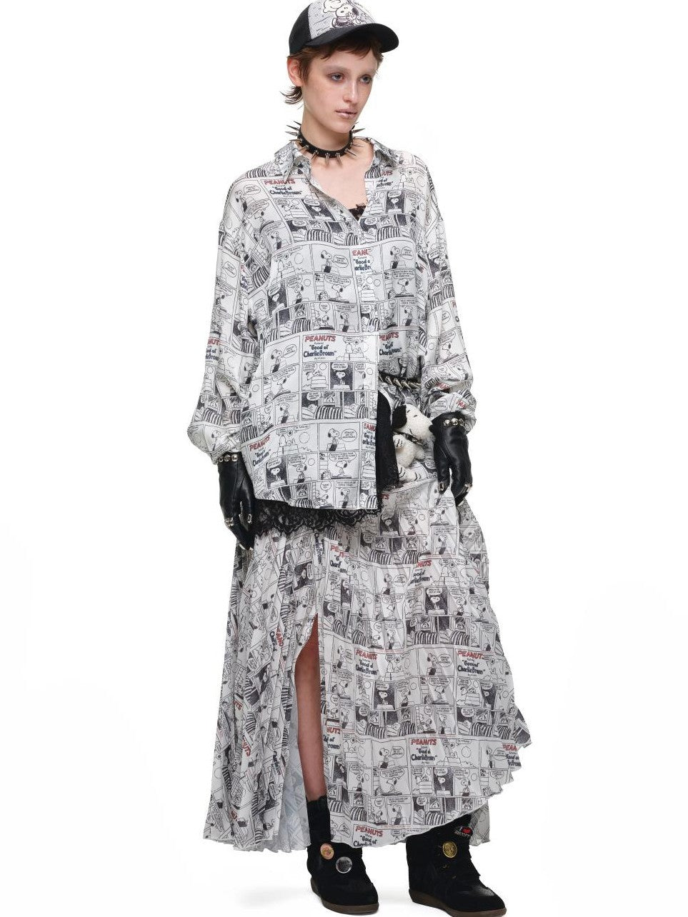 1JINN STUDIO Vintage Newspaper Print Pleated Slit A Line Women&