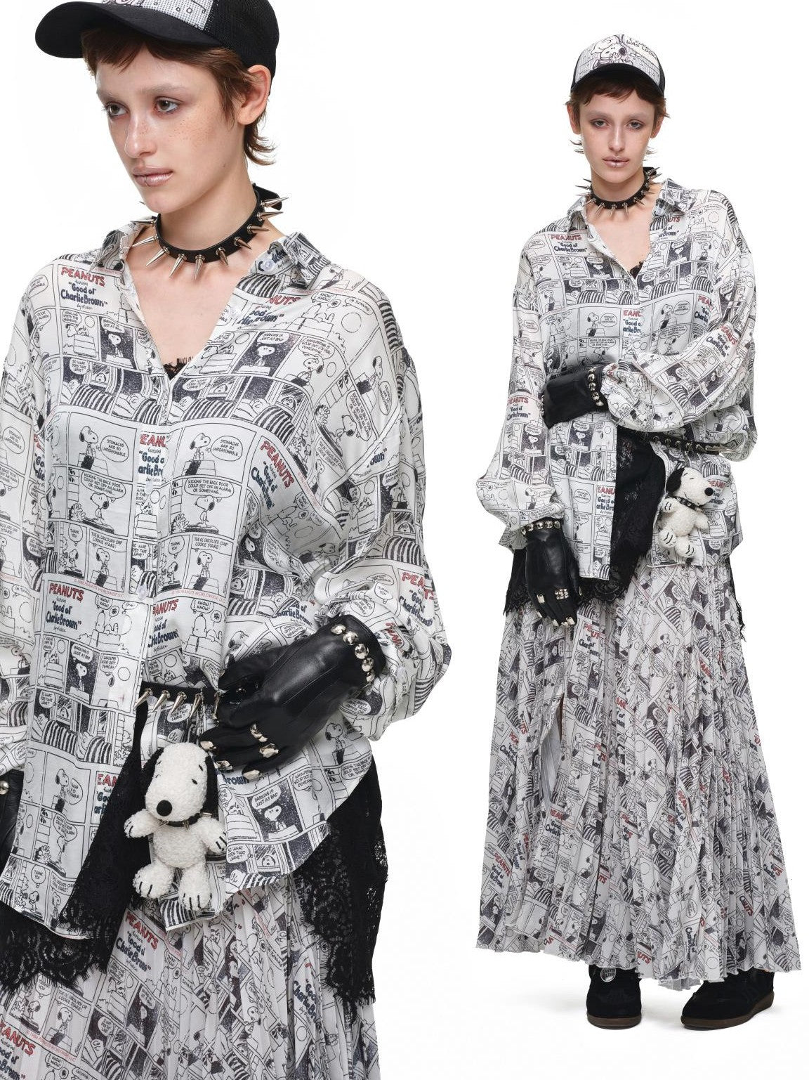1JINN STUDIO Vintage Newspaper Print Pleated Slit A Line Women&