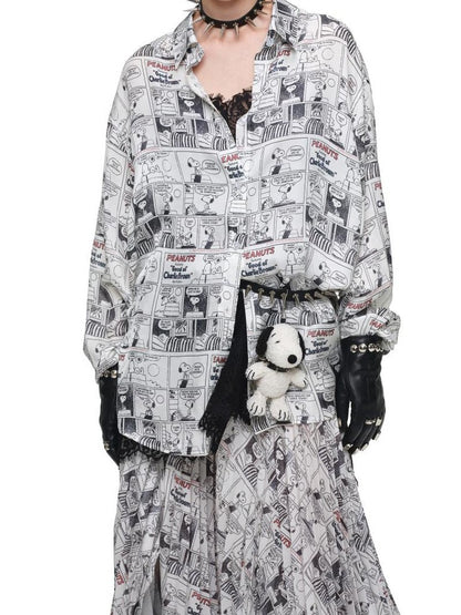 1JINN STUDIO Vintage Newspaper Print Pleated Slit A Line Women&