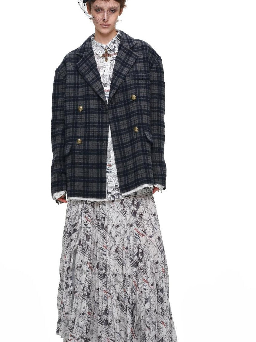 1JINN STUDIO Vintage Newspaper Print Pleated Slit A Line Women&