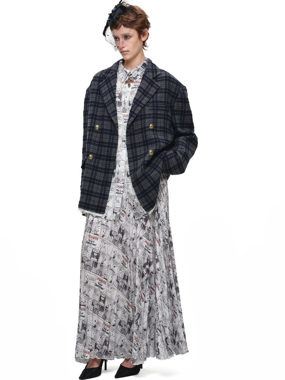 1JINN STUDIO Vintage Newspaper Print Pleated Slit A Line Women&
