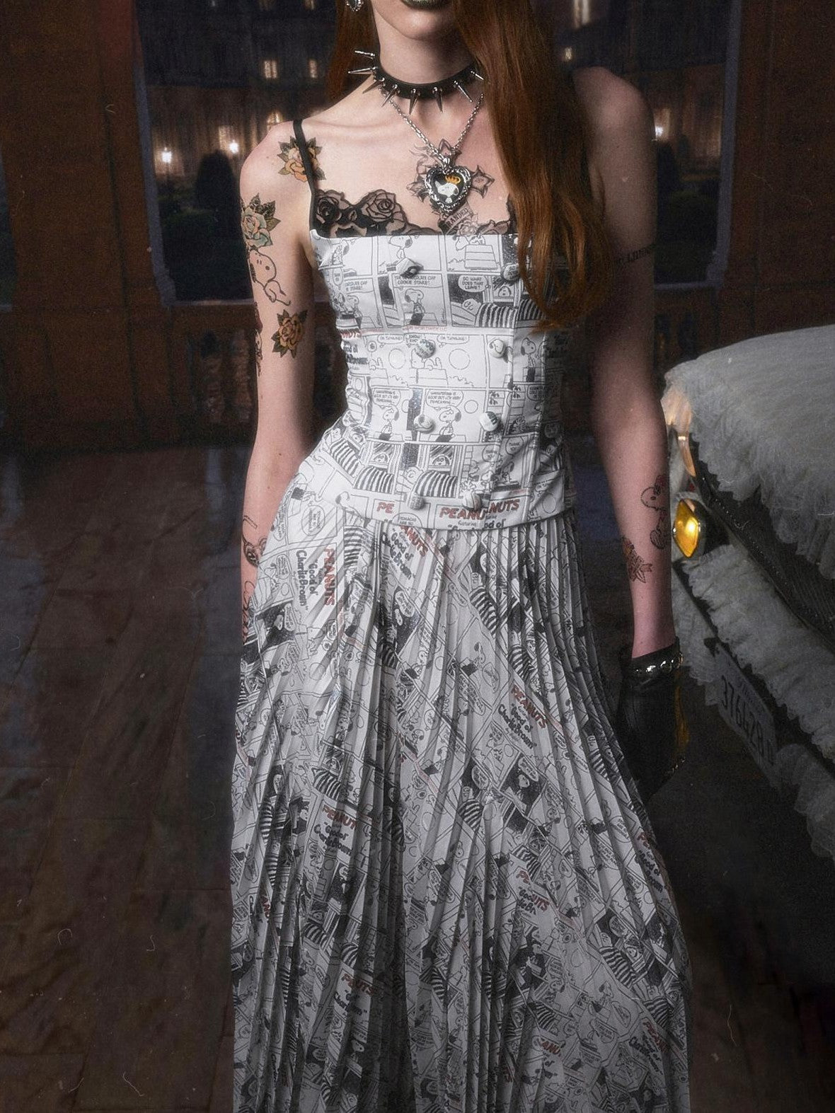 1JINN STUDIO Vintage Newspaper Print Pleated Slit A Line Women&