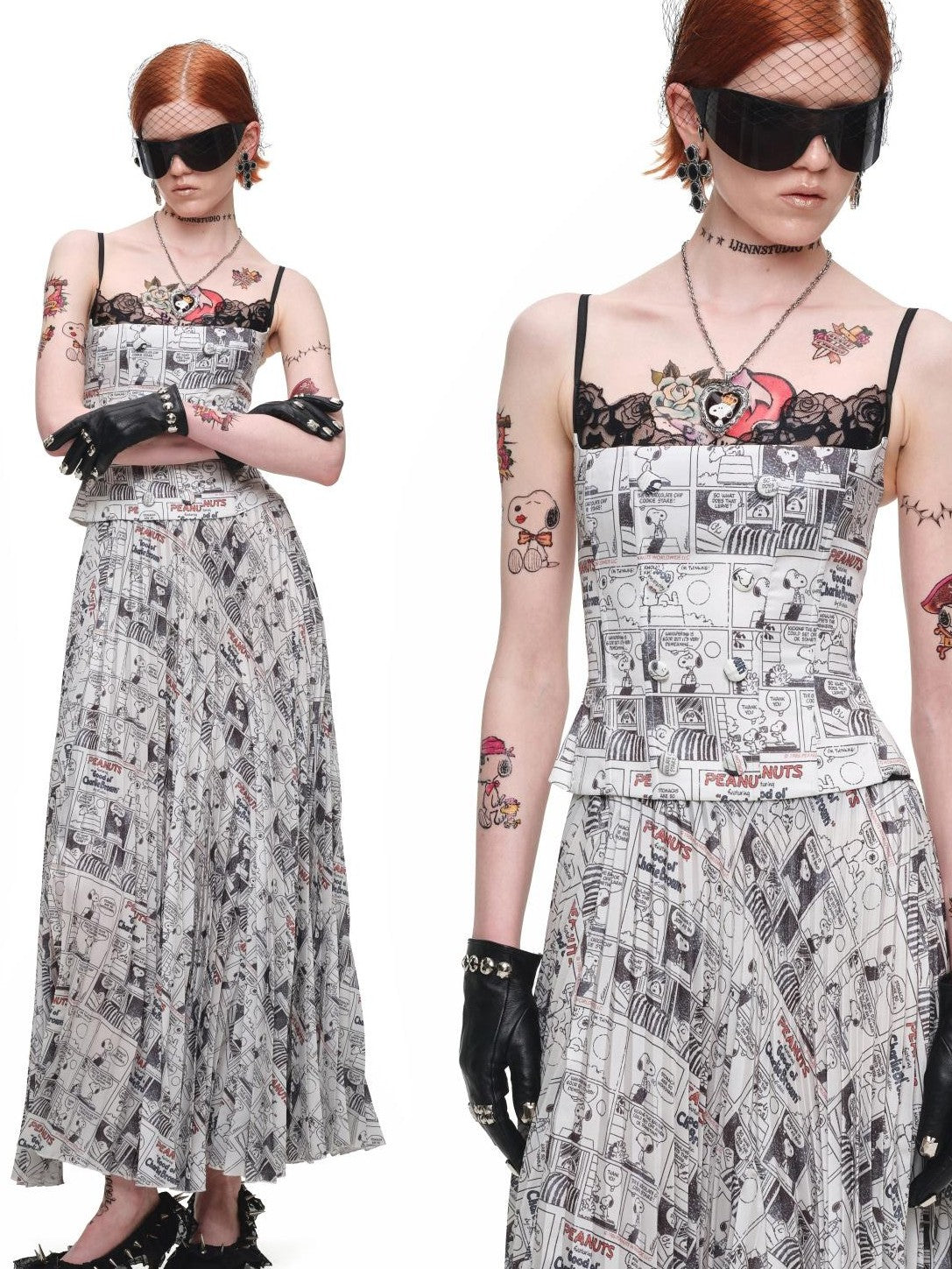 1JINN STUDIO Vintage Newspaper Print Pleated Slit A Line Women&