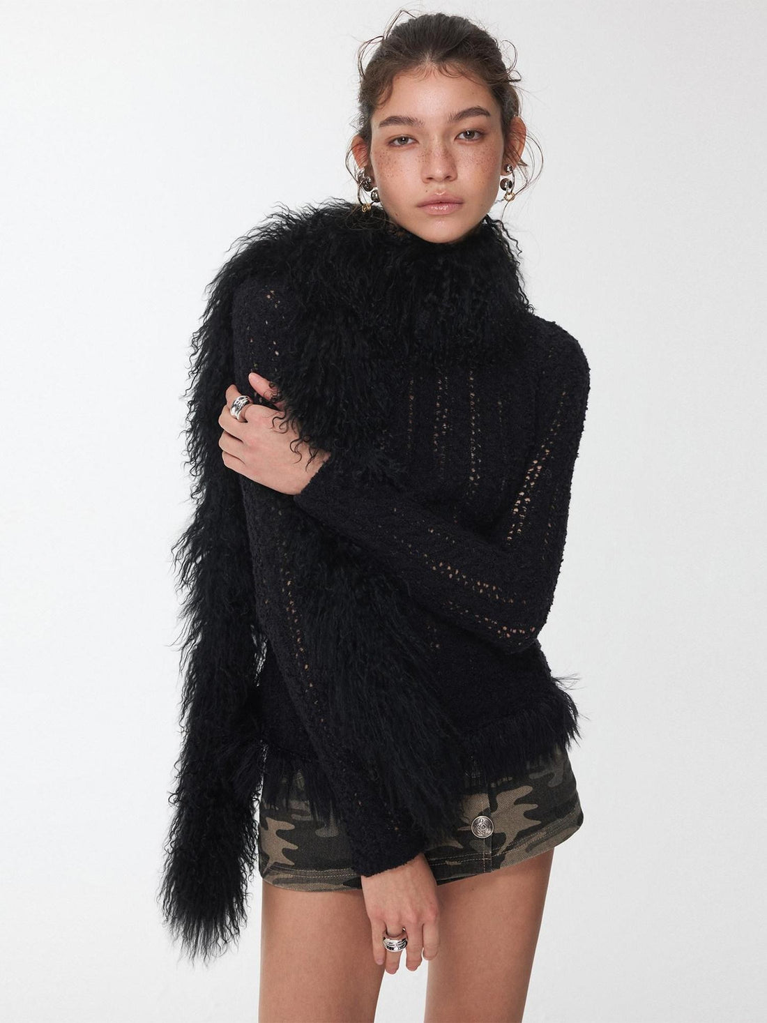 1JINN STUDIO Vintage Ombre Black Long Oversized Real Fur Collar Women&