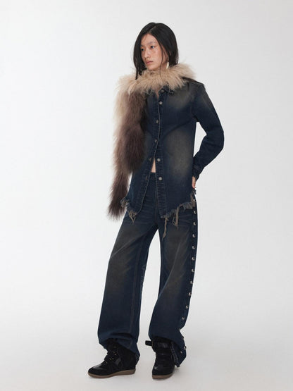 1JINN STUDIO Vintage Ombre Black Long Oversized Real Fur Collar Women&