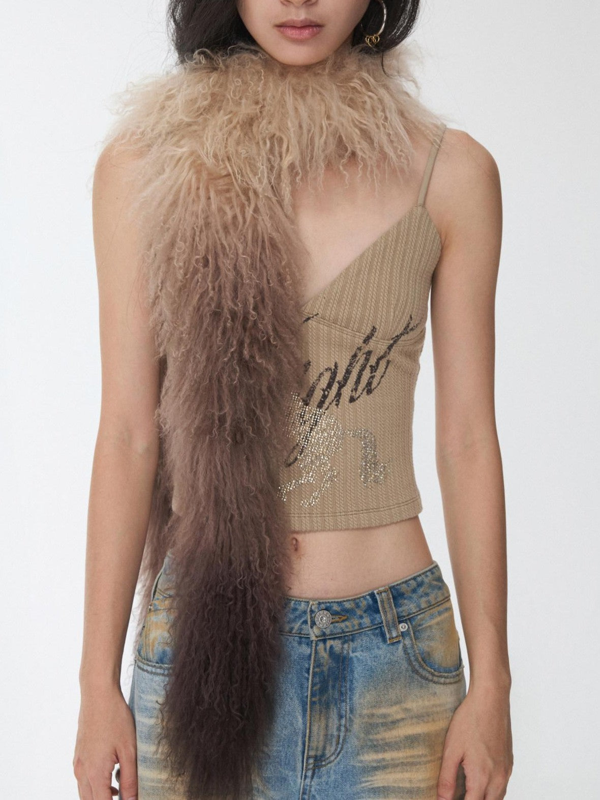 1JINN STUDIO Vintage Ombre Black Long Oversized Real Fur Collar Women&