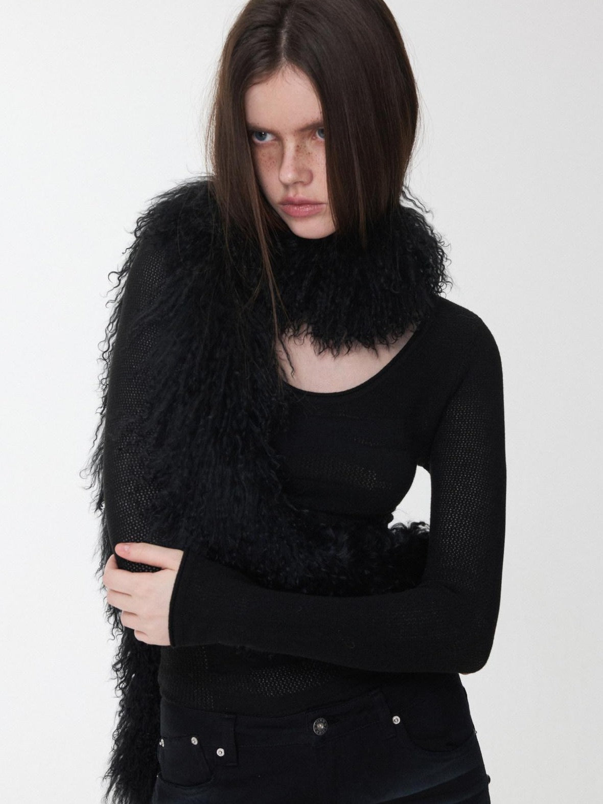 1JINN STUDIO Vintage Ombre Black Long Oversized Real Fur Collar Women&