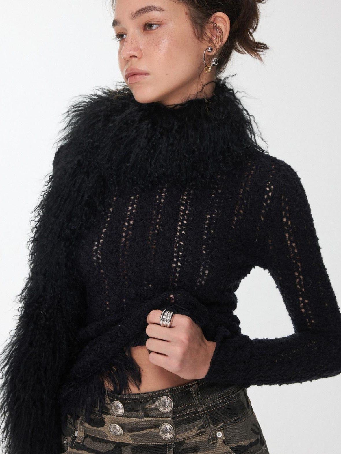 1JINN STUDIO Vintage Ombre Black Long Oversized Real Fur Collar Women&