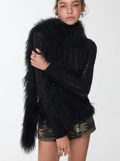1JINN STUDIO Vintage Ombre Black Long Oversized Real Fur Collar Women&