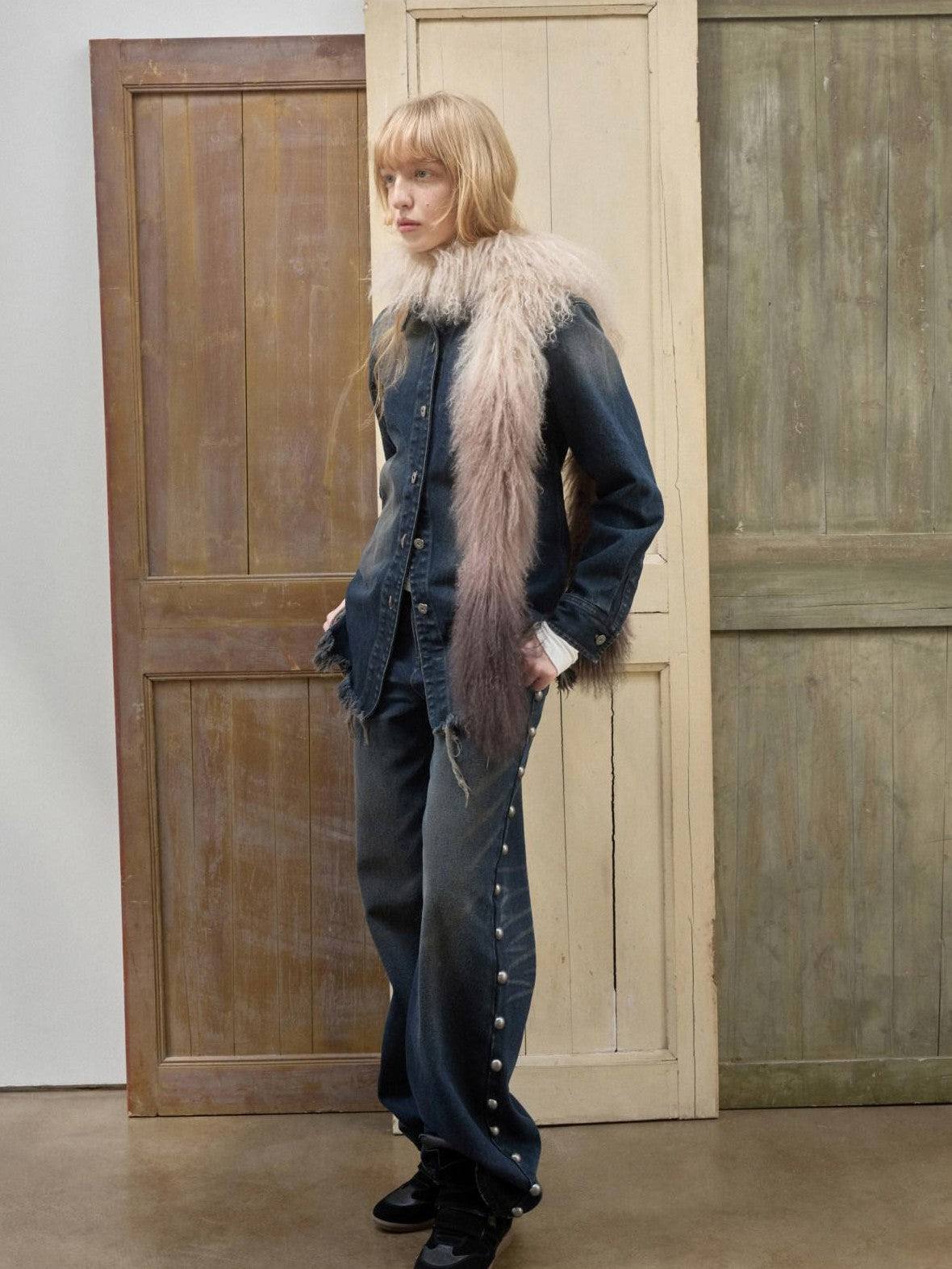 1JINN STUDIO Vintage Ombre Black Long Oversized Real Fur Collar Women&