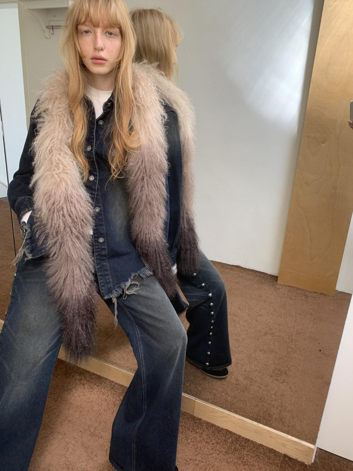 1JINN STUDIO Vintage Ombre Black Long Oversized Real Fur Collar Women&