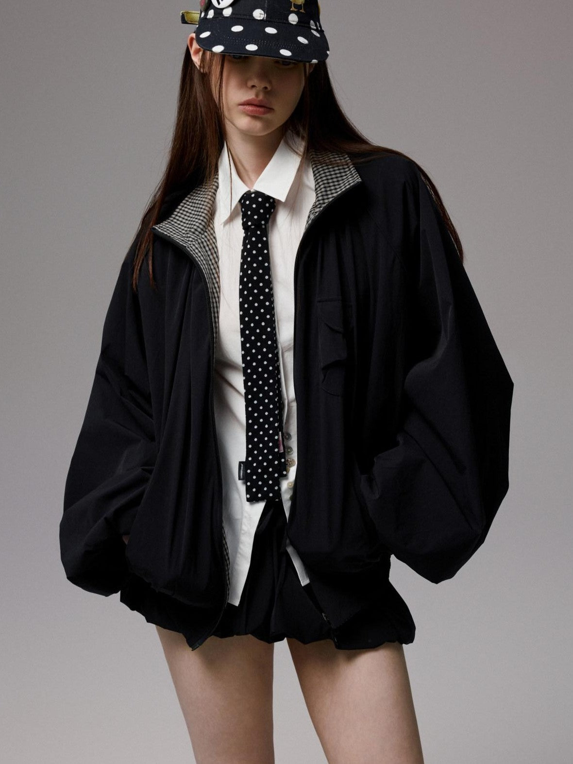 1JINN STUDIO Vintage Patch Plaid Anorak Double Waistband Utility Women&