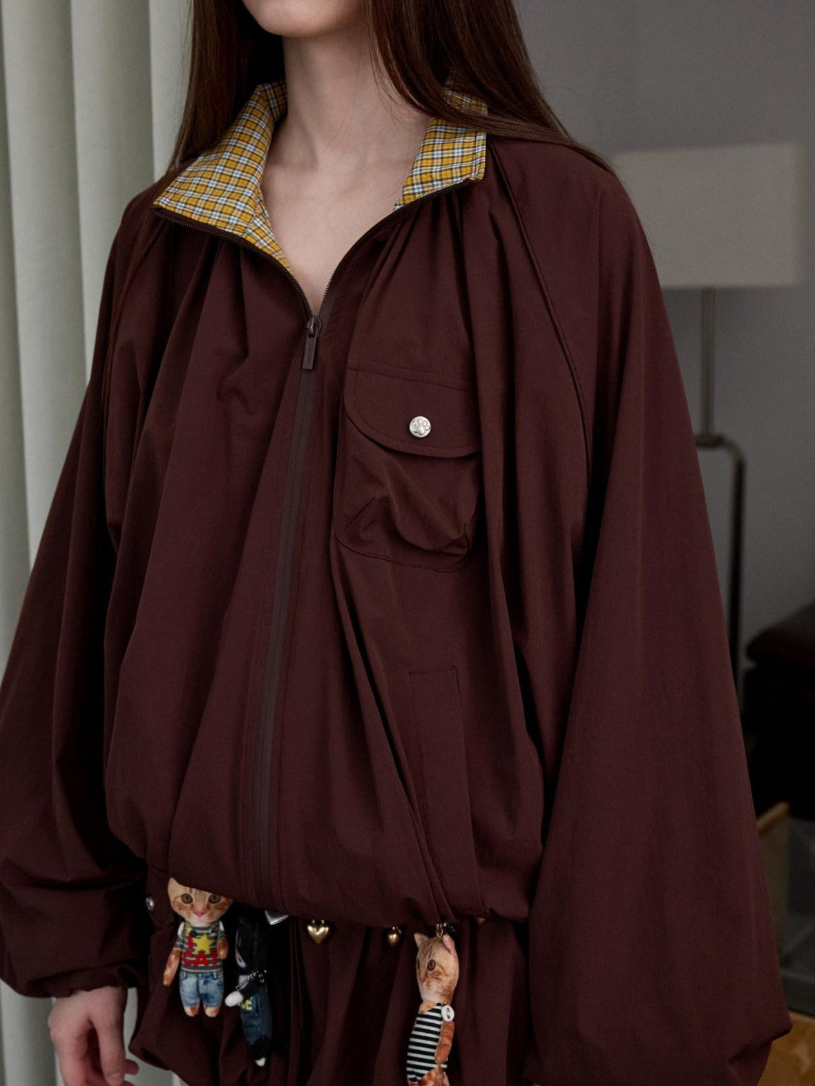 1JINN STUDIO Vintage Patch Plaid Anorak Double Waistband Utility Women&