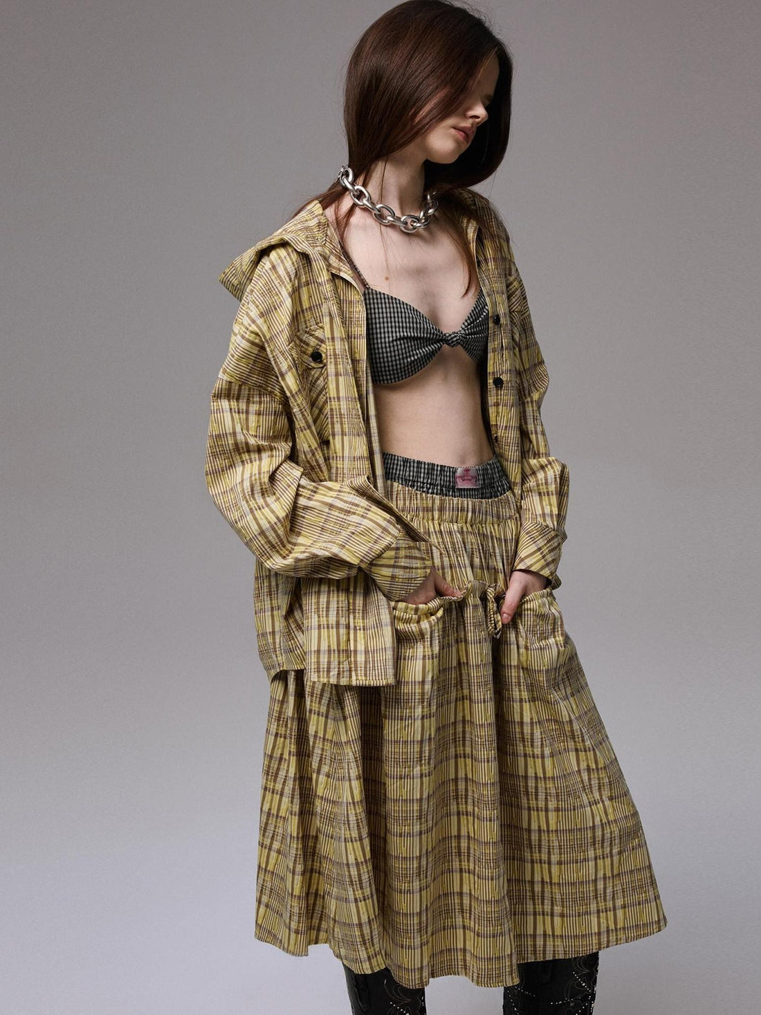 1JINN STUDIO Vintage Plaid Hooded Tie Shirt Drawstring Skirt Women&