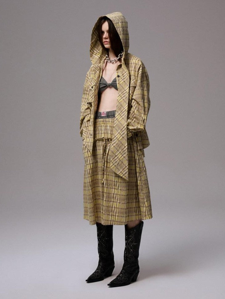 1JINN STUDIO Vintage Plaid Hooded Tie Shirt Drawstring Skirt Women&
