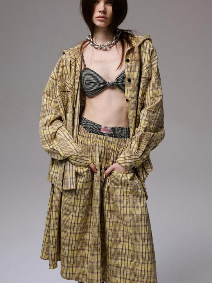 1JINN STUDIO Vintage Plaid Hooded Tie Shirt Drawstring Skirt Women&