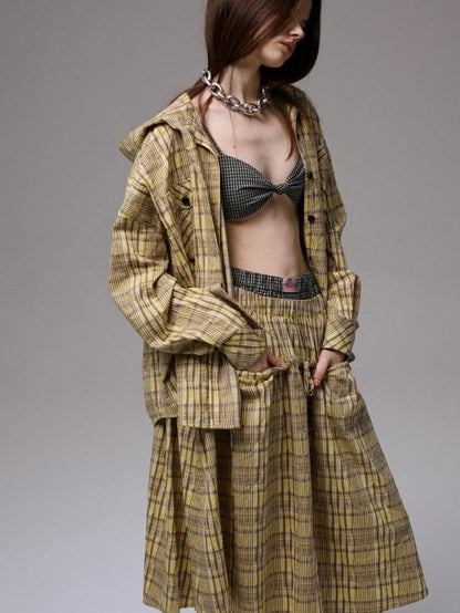 1JINN STUDIO Vintage Plaid Hooded Tie Shirt Drawstring Skirt Women&