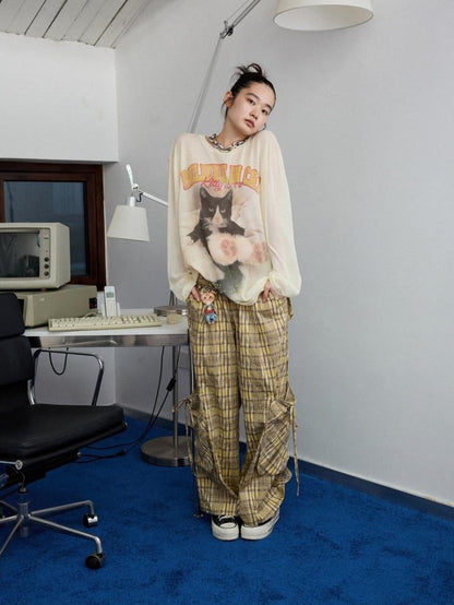 1JINN STUDIO Vintage Plaid Hooded Tie Shirt Drawstring Skirt Women&