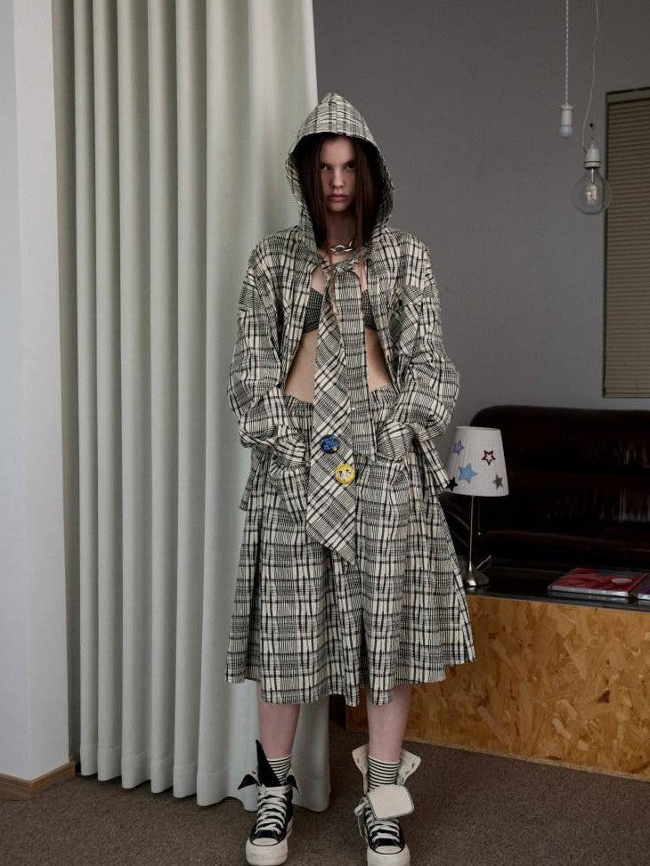 1JINN STUDIO Vintage Plaid Hooded Tie Shirt Drawstring Skirt Women&