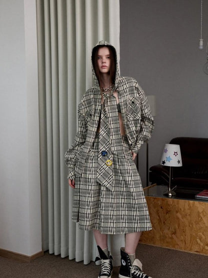 1JINN STUDIO Vintage Plaid Hooded Tie Shirt Drawstring Skirt Women&