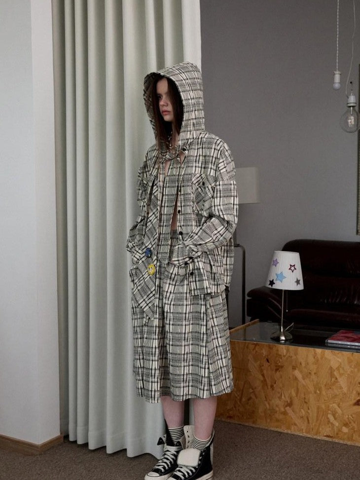 1JINN STUDIO Vintage Plaid Hooded Tie Shirt Drawstring Skirt Women&