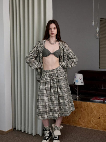1JINN STUDIO Vintage Plaid Hooded Tie Shirt Drawstring Skirt Women&