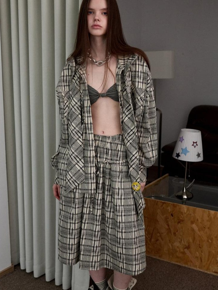 1JINN STUDIO Vintage Plaid Hooded Tie Shirt Drawstring Skirt Women&