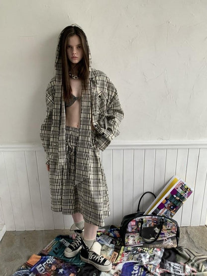 1JINN STUDIO Vintage Plaid Hooded Tie Shirt Drawstring Skirt Women&