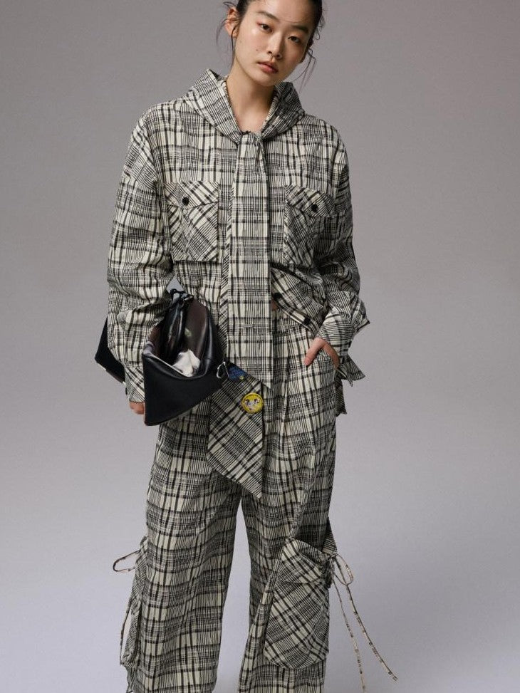 1JINN STUDIO Vintage Plaid Hooded Tie Shirt Drawstring Skirt Women&