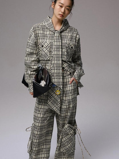1JINN STUDIO Vintage Plaid Hooded Tie Shirt Drawstring Skirt Women&