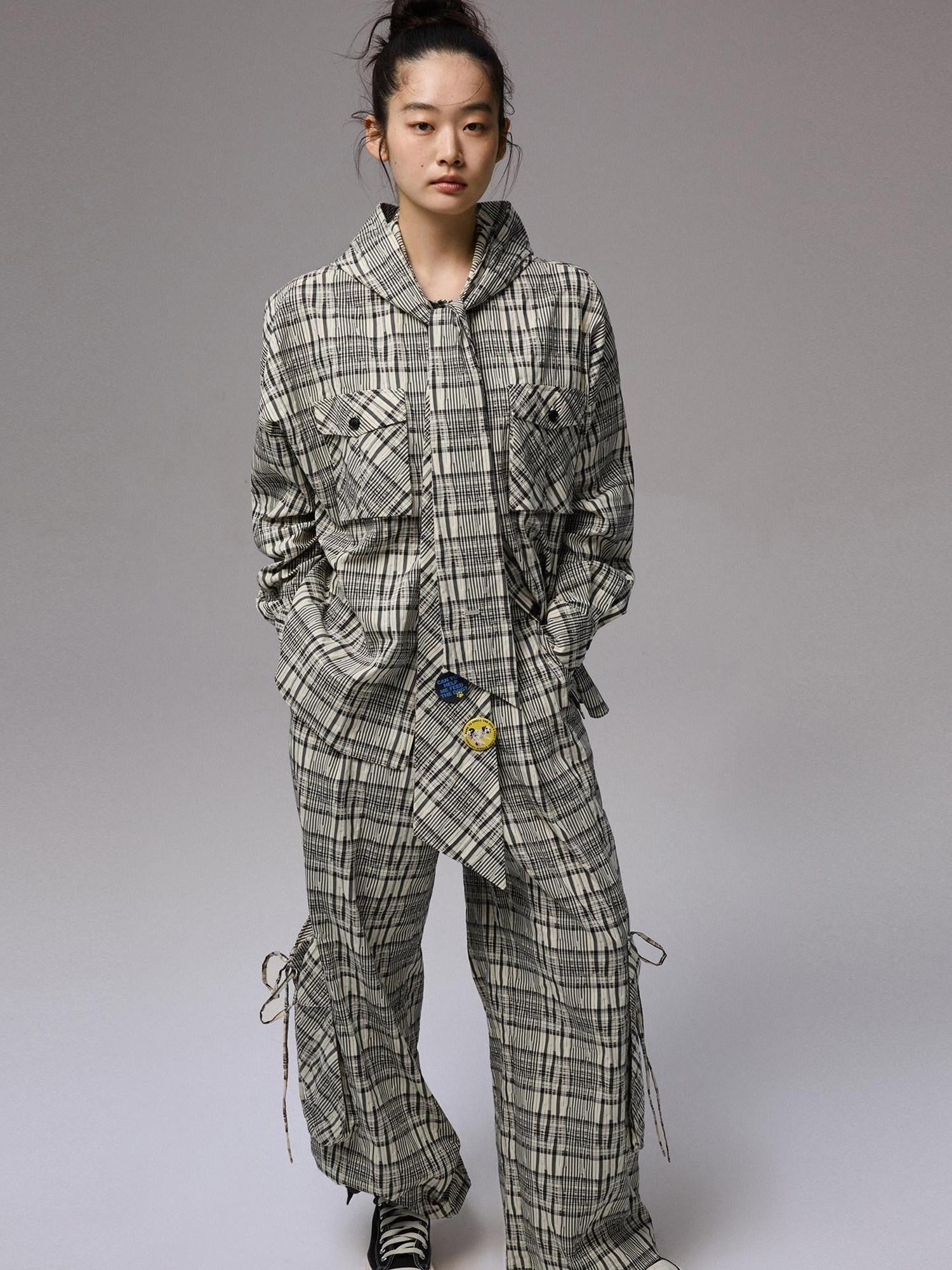1JINN STUDIO Vintage Plaid Hooded Tie Shirt Drawstring Skirt Women&