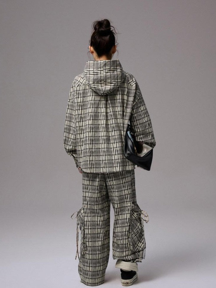 1JINN STUDIO Vintage Plaid Hooded Tie Shirt Drawstring Skirt Women&