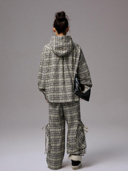 1JINN STUDIO Vintage Plaid Hooded Tie Shirt Drawstring Skirt Women&