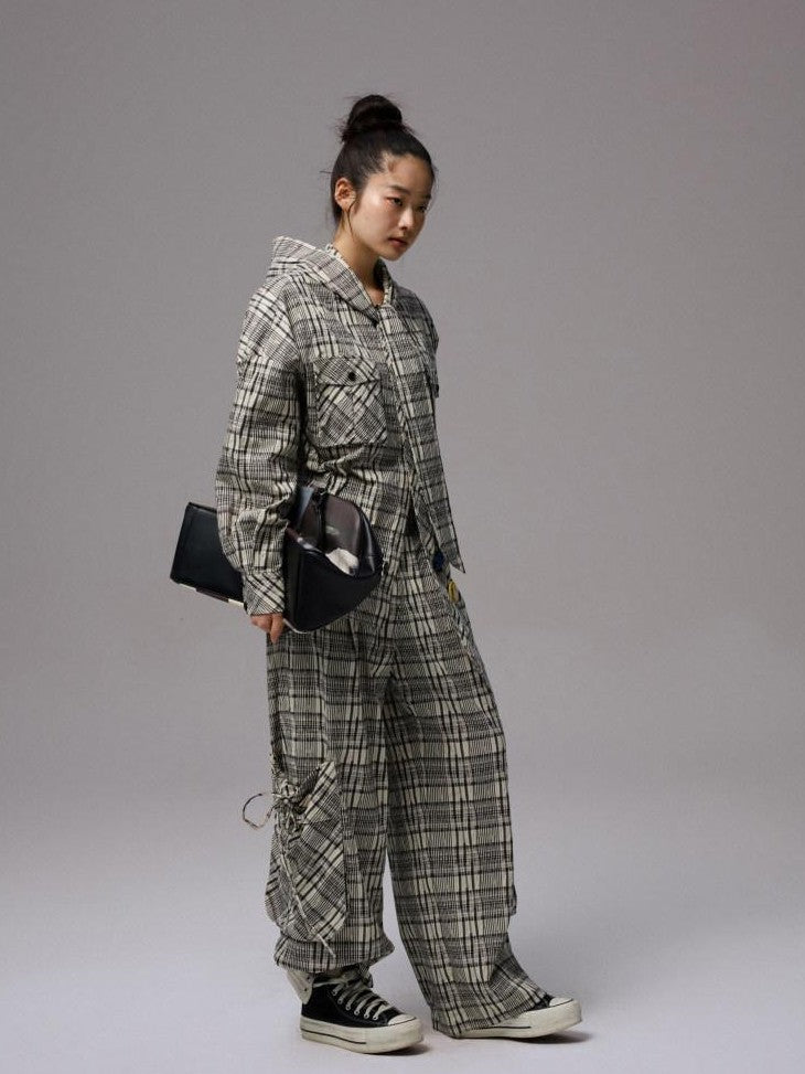 1JINN STUDIO Vintage Plaid Hooded Tie Shirt Drawstring Skirt Women&