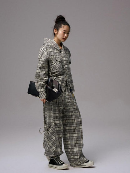 1JINN STUDIO Vintage Plaid Hooded Tie Shirt Drawstring Skirt Women&