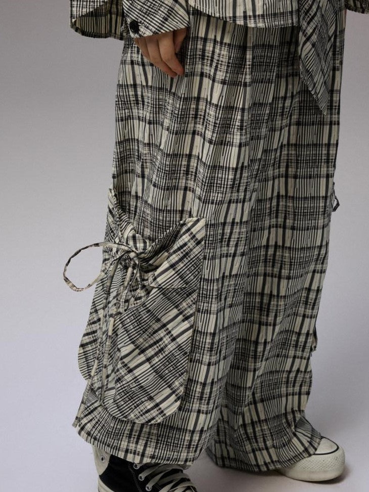 1JINN STUDIO Vintage Plaid Hooded Tie Shirt Drawstring Skirt Women&
