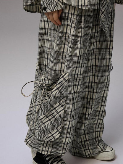 1JINN STUDIO Vintage Plaid Hooded Tie Shirt Drawstring Skirt Women&