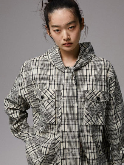 1JINN STUDIO Vintage Plaid Hooded Tie Shirt Drawstring Skirt Women&