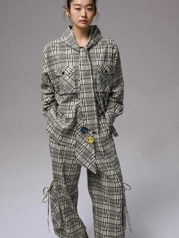 1JINN STUDIO Vintage Plaid Hooded Tie Shirt Drawstring Skirt Women&
