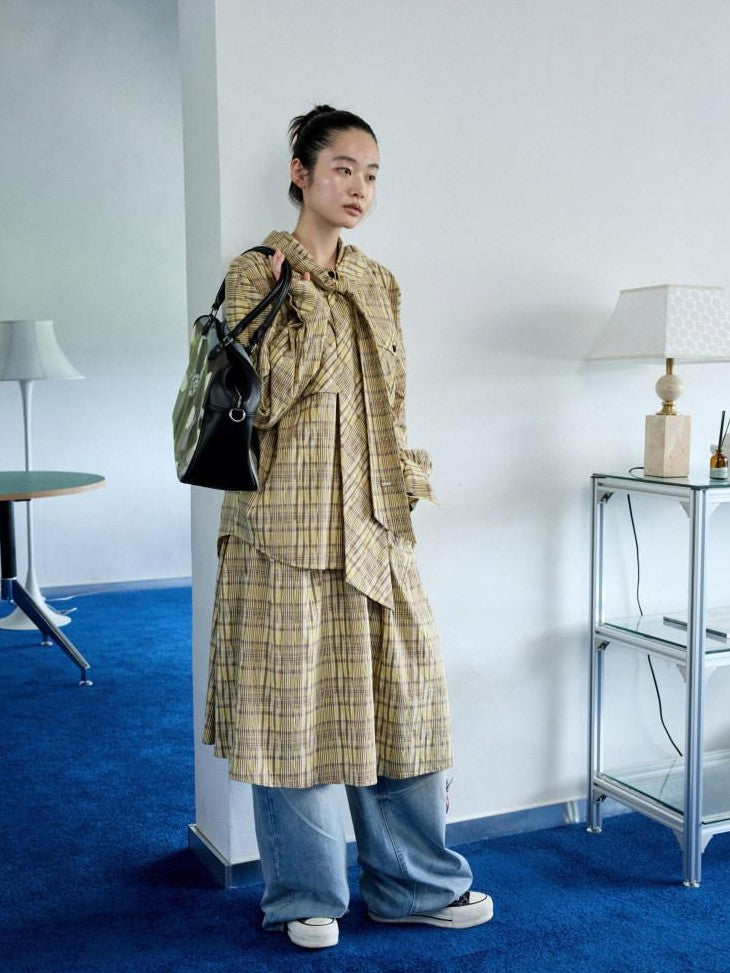 1JINN STUDIO Vintage Plaid Hooded Tie Shirt Drawstring Skirt Women&