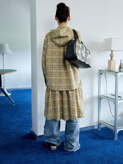1JINN STUDIO Vintage Plaid Hooded Tie Shirt Drawstring Skirt Women&