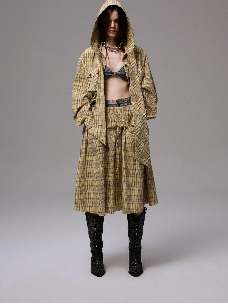 1JINN STUDIO Vintage Plaid Hooded Tie Shirt Drawstring Skirt Women&