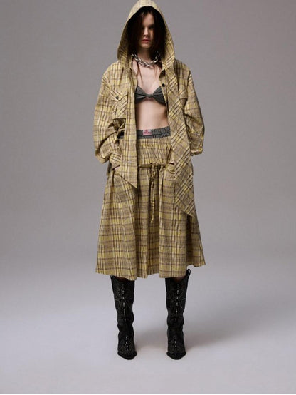 1JINN STUDIO Vintage Plaid Hooded Tie Shirt Drawstring Skirt Women&
