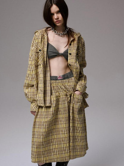 1JINN STUDIO Vintage Plaid Hooded Tie Shirt Drawstring Skirt Women&