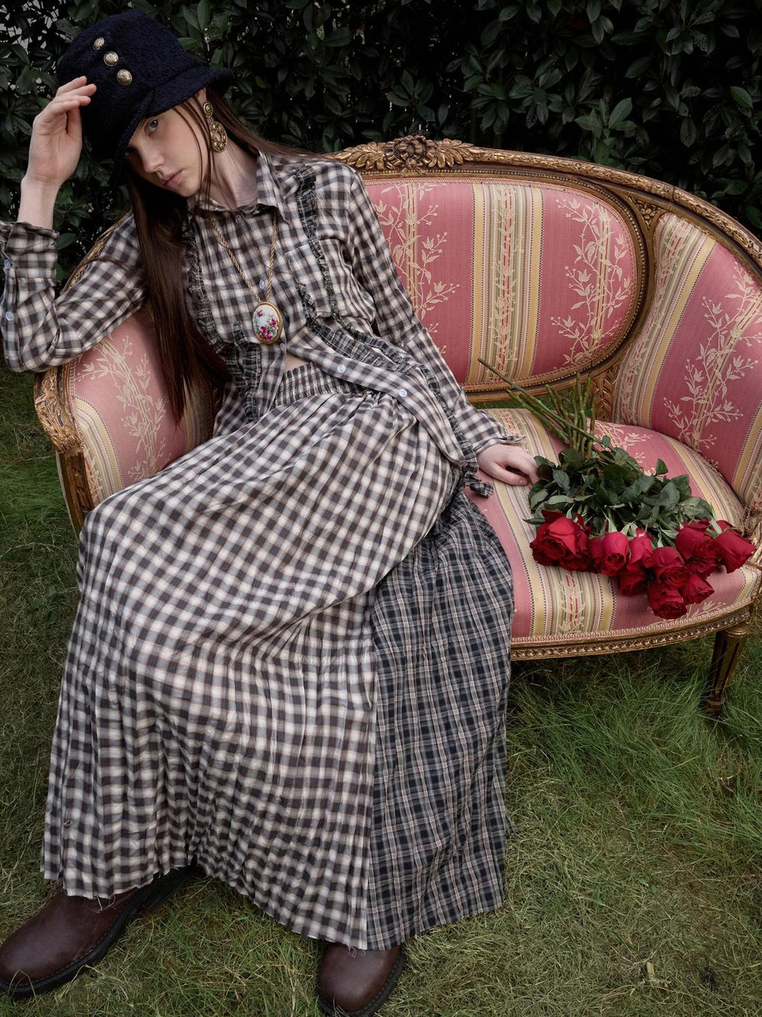 1JINN STUDIO Vintage Plaid Patchwork Ruffle Pleated Contrast Color Women&