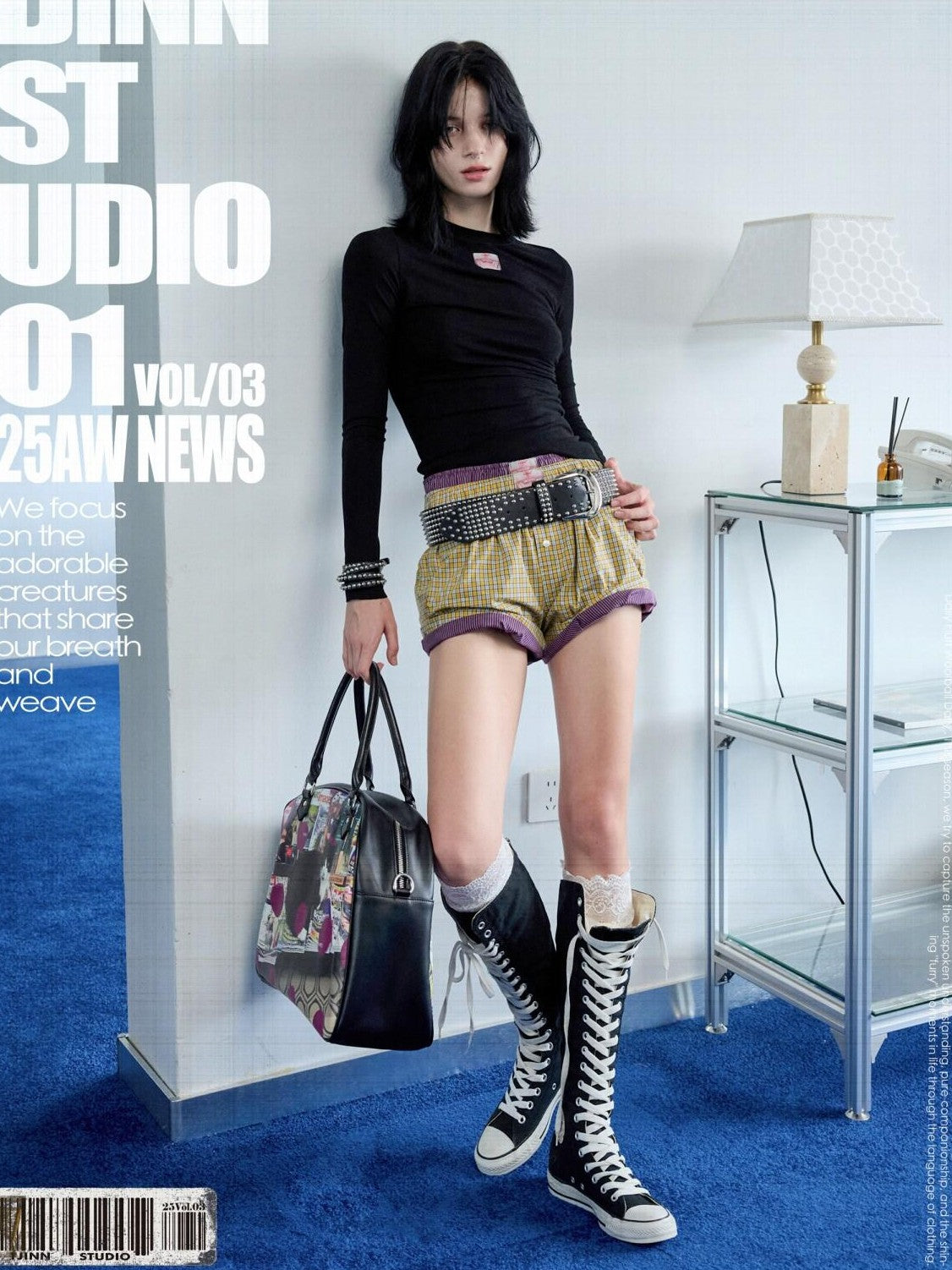 1JINN STUDIO Vintage Plaid Stripe Relaxed Fit Casual Women&